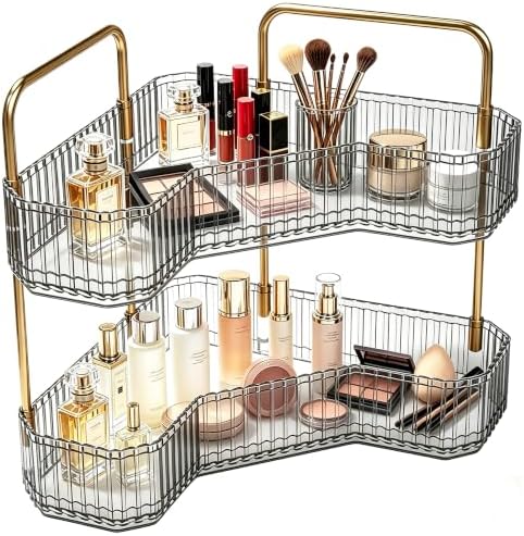 2-Tier Corner Bathroom Organizer, Skincare Vanity Counter Shelf Grey