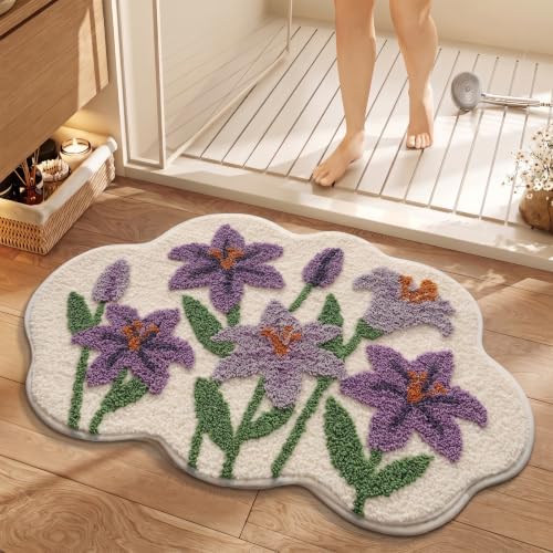 Cloud-Shaped Lily Bath Mat, Soft Non-Slip Fluffy Fresh Flowers Bathroom Rug, Ultra Absorbent Microfiber Shaggy Door Mat, Machine Washable Bath Rug Carpet for Bathtub Bedroom 20x31 Inch (Purple Lily)