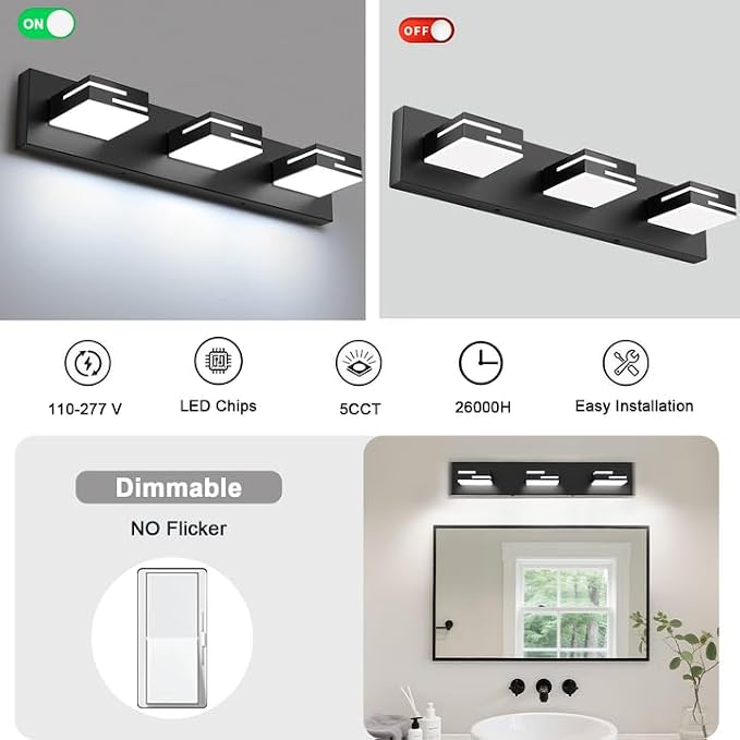 LED Modern Bathroom Vanity Light Fixtures, Dimmable Matte Black Vanity Lights for Bathroom Lighting Fixtures Over Mirror, with 360° Rotatable Acrylic Heads 3-Light 22-inch 5CCT