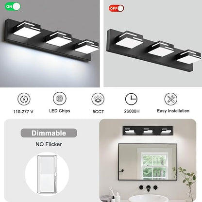 LED Modern Bathroom Vanity Light Fixtures, Dimmable Matte Black Vanity Lights for Bathroom Lighting Fixtures Over Mirror, with 360° Rotatable Acrylic Heads 3-Light 22-inch 5CCT