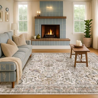 Washable 6x8 Floral Area Rug for Living Room, Boho Farmhouse Dining Room Rug, Low Pile Soft Bedroom Carpet, Moss Beige Home Décor, Non Slip & Stain Resistant