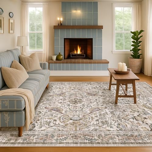 Traditional Oriental 5x8 Floor Rugs for Living Room, Washable Floral Area Rug for Dining Room Under Table, Low Pile Soft Bedroom Carpet, Vintage Brown Taupe Design, Boho Home Décor