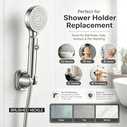 Handheld Shower Head Holder - 5 Angles Adjustable - Concealed Adhesive Mount with Screw Option - Wall Mount Shower Hose Holder (Brushed Nickle)
