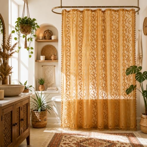WAZZIO Yellow Lace Shower Curtain for Bathroom 72" W x 72" L, Victorian Farmhouse Floral Pattern Tassel Fancy Shower Curtain Boho Washable Cloth Decorative Bath Curtains,1 Panel