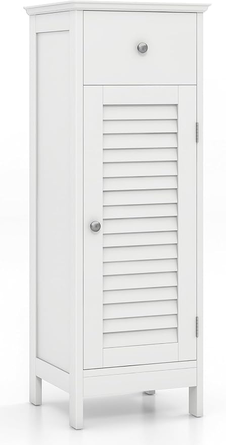 GIANTEX Bathroom Floor Storage Cabinet with Door and Drawer, White | Freestanding Side Cabinet with 3-Height Adjustable Shelf, Slim Cupboard, Storage Organizer Cabinet for Bedroom Living Room
