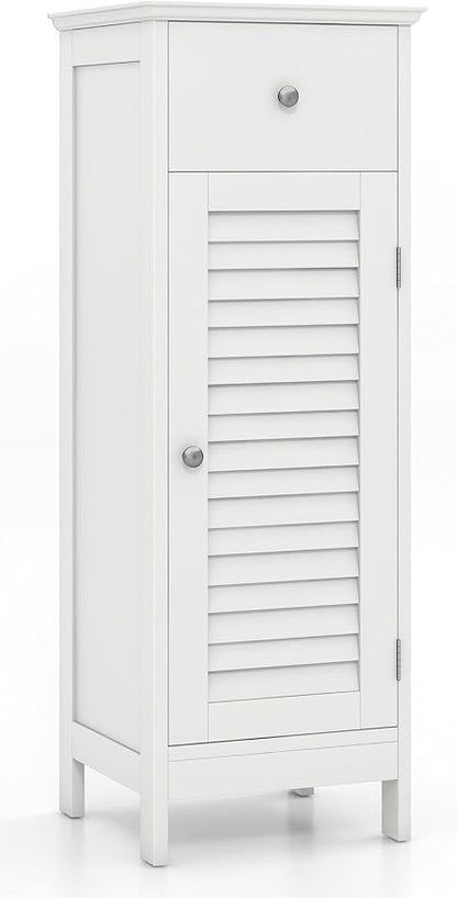 GIANTEX Bathroom Floor Storage Cabinet with Door and Drawer, White | Freestanding Side Cabinet with 3-Height Adjustable Shelf, Slim Cupboard, Storage Organizer Cabinet for Bedroom Living Room