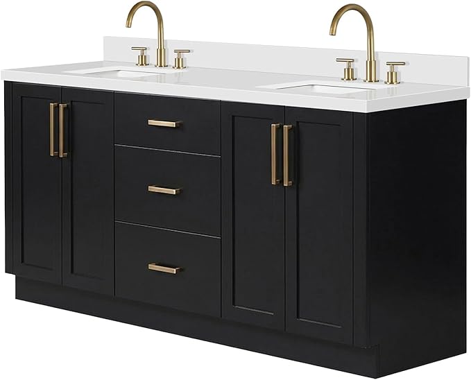 ARIEL Loren 72-inch Bathroom Vanity with Sink,Solid Wood, 1.5-inch Pure White Quartz Countertop, Double Rectangular Porcelain Sink, 4 Soft Closing Doors, 3 Dovetail Drawers, Black