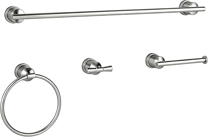Brushed Stainless Steel Bathroom Hardware Set, 4-Pieces Wall Mounted Bath Accessories Kit with Towel Bar, Towel Ring, Toilet Paper Holder & Robe Hooks, Modern Durable Design