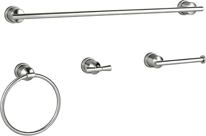 Brushed Stainless Steel Bathroom Hardware Set, 4-Pieces Wall Mounted Bath Accessories Kit with Towel Bar, Towel Ring, Toilet Paper Holder & Robe Hooks, Modern Durable Design