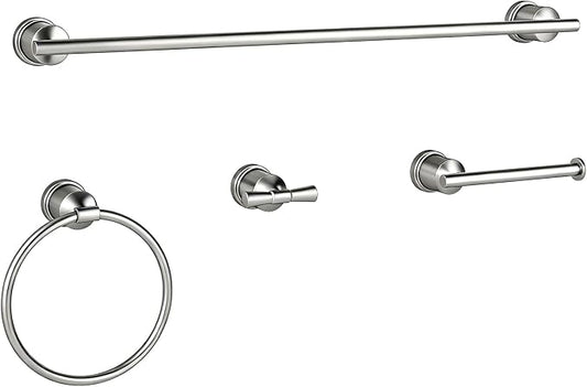 Brushed Stainless Steel Bathroom Hardware Set, 4-Pieces Wall Mounted Bath Accessories Kit with Towel Bar, Towel Ring, Toilet Paper Holder & Robe Hooks, Modern Durable Design