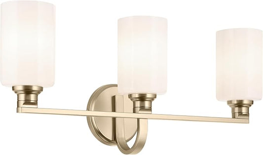 Kichler Gioe 24.25" 3-Light Vanity Light with Opal Glass in Champagne Bronze, Damp Rated, for Bathroom, Powder Room, Over a Mirror, (24.25" W x 10.5" H), 55226CPZ