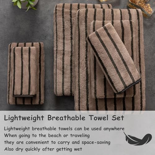 8 Pcs Brown Cabana Stripe Large Bath Towel Set-2 Bathroom Towels,2 Hand Towels,4 Washcloths Lightweight Soft Microfiber Bath Sheet Absorbent Shower Towel Quick Dry Beach Chair Spa Gym Hotel Towels
