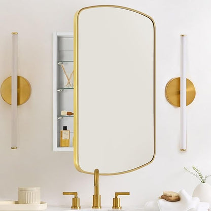 Brushed Gold Arched Recessed and Surface Mount Bathroom Medicine Cabinet with Mirror Metal Framed Rectangular Bathroom Cabinet with 3 Tempered Glass Adjustable Shelves 18x27''