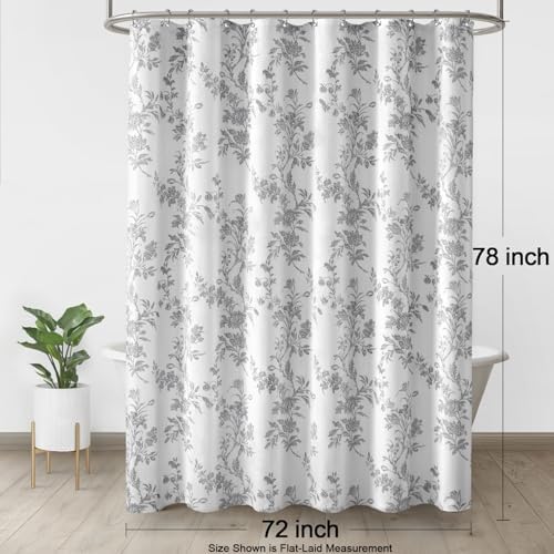 Grey Floral Shower Curtain,Vintage Cotton Cottagecore Gray Shower Curtains for Bathroom, 72" W x 78" L