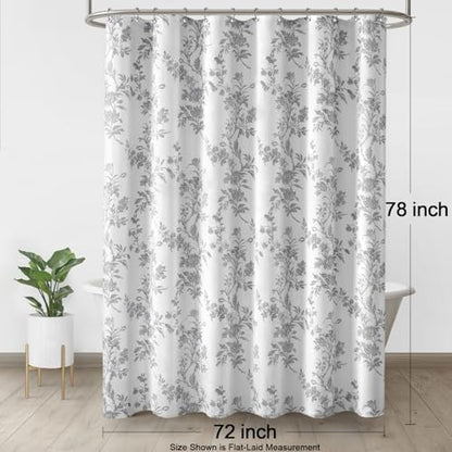 Grey Floral Shower Curtain,Vintage Cotton Cottagecore Gray Shower Curtains for Bathroom, 72" W x 78" L