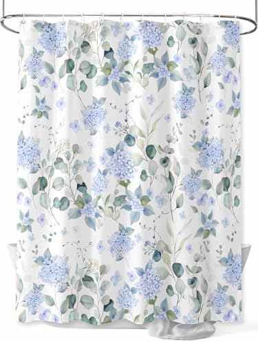 Shower Curtain Bathroom Set Summer Watercolor Blue Hydrangea Waterproof Fabric Shower Curtains with Grommets&Hooks Pastoral Eucalyptus Leaf Privacy Bath Curtain for Bathtub Decor 60x72IN