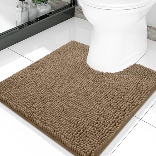 Smiry Luxury Chenille Toilet Rugs U-Shaped 20x20, Soft Absorbent Non-Slip Contour Bathroom Rugs for Toilet, Machine Washable Contoured Bath Mats, Camel