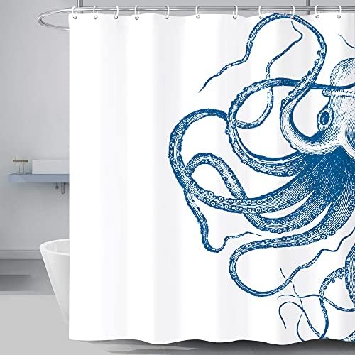 Miyotaa Octopus Kraken Shower Curtain Set 60Wx71H Inches Nautical Ocean Tentacles Sea Creatures Mythical Blue Polyester Waterproof Cloth Bathroom Curtain with 12 Hooks