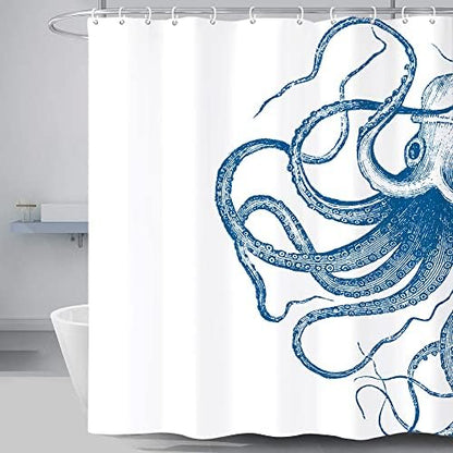 Miyotaa Octopus Kraken Shower Curtain Set 60Wx71H Inches Nautical Ocean Tentacles Sea Creatures Mythical Blue Polyester Waterproof Cloth Bathroom Curtain with 12 Hooks