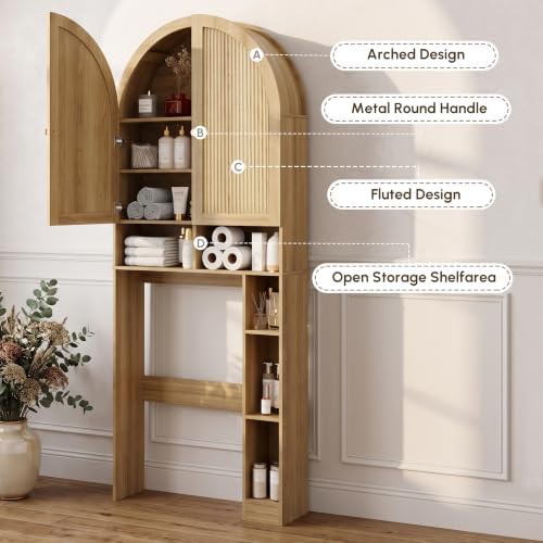 HMstone Over The Toilet Storage Cabinet, 29.7W'' Arched Bathroom Organizer and Storage with Doors and Adjustable Shelf, Space-Saving Freestanding Bathroom Modern Storage Cabinet Over Toilet (Natural)