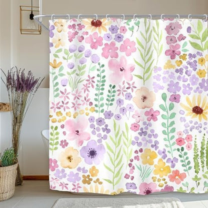 Pink Purple Cute Floral Boho Spring Kids Girls Bathroom Shower Curtain Set | 72"W x 72"H Wildflower Watercolor; waterproof HD print, quick-dry fabric with 12 hooks for easy hanging.