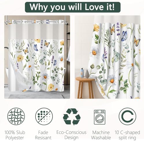 No Hook Flowers Shower Curtain with Snap-in Liner, 71x74 Inch