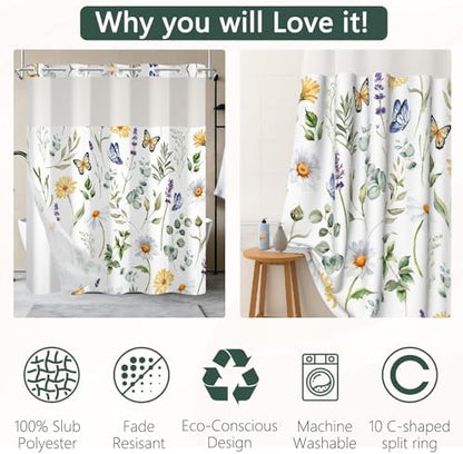 No Hook Flowers Shower Curtain with Snap-in Liner, 71x74 Inch