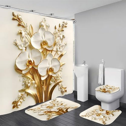 Chrainy 4pcs Golden Floral Shower Cutain Bathroom Decor Sets with Rugs