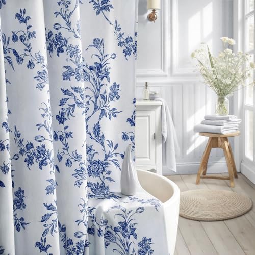 Blue Floral Shower Curtain,Vintage Cotton Cottagecore Shower Curtains for Bathroom, 72" W x 72" L