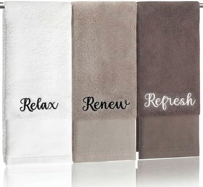 Tiamon 3 Pcs Bathroom Towel Decorative Set 100% Cotton Fluffy Bath Hand Towels for Guest Gifts Farmhouse Kitchen Hand Towels Home(White, Light Brown, Dark Brown,30 x 13 Inch,Relax Renew Refresh)