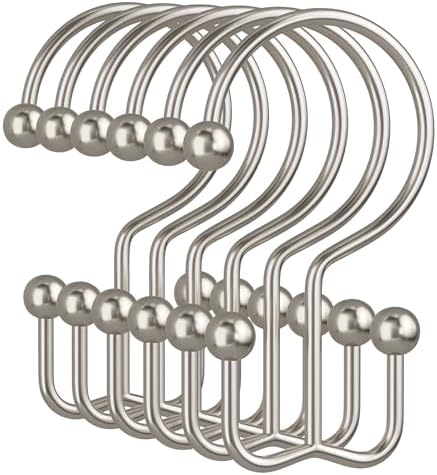 Amazer Nickel Shower Curtain Hooks, 12PCS Minimalist Simple Double Shower Curtain Rings, Rust-Resistant Metal Shower Hooks Shower Curtain Hangers, Shower Rings for Bathroom Shower Rods Curtains