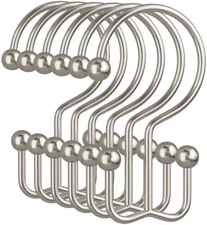 Amazer Nickel Shower Curtain Hooks, 12PCS Minimalist Simple Double Shower Curtain Rings, Rust-Resistant Metal Shower Hooks Shower Curtain Hangers, Shower Rings for Bathroom Shower Rods Curtains