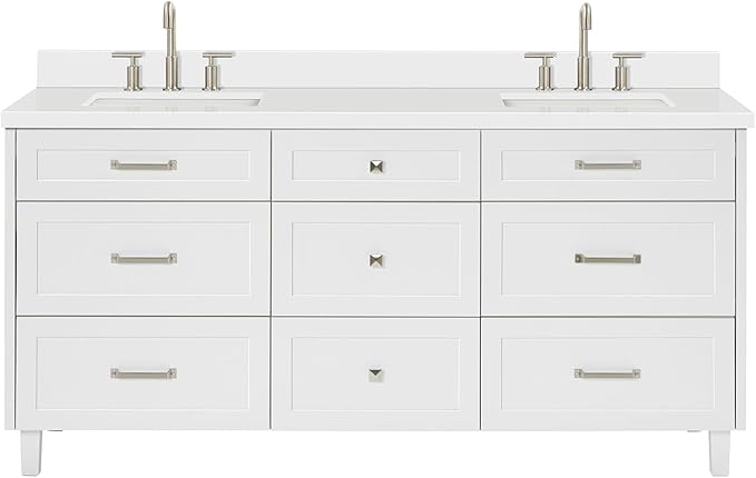 ARIEL Monroe 72-inch Bathroom Vanity with Sink,Solid Wood, 1.5-inch Pure White Quartz Countertop & Backsplash, Double Oval Porcelain Sink, 9 Dovetail Drawers, Brushed Nickel, White