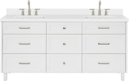 ARIEL Monroe 72-inch Bathroom Vanity with Sink,Solid Wood, 1.5-inch Pure White Quartz Countertop & Backsplash, Double Oval Porcelain Sink, 9 Dovetail Drawers, Brushed Nickel, White