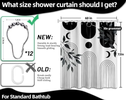 Mid Century Modern White and Black Shower Curtain Bohemian MCM Black and White Shower Curtains for Mens Bathroom Decor, Boho Minimalist Pattern, Waterproof Cloth Fabric with Hooks 60x72 in