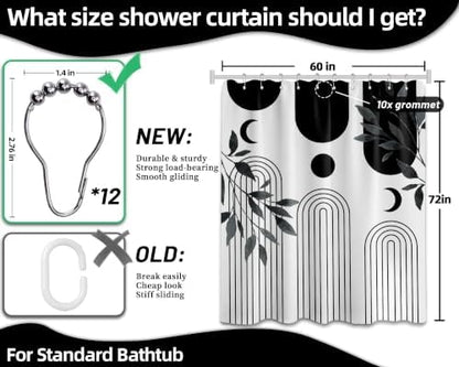 Mid Century Modern White and Black Shower Curtain Bohemian MCM Black and White Shower Curtains for Mens Bathroom Decor, Boho Minimalist Pattern, Waterproof Cloth Fabric with Hooks 60x72 in