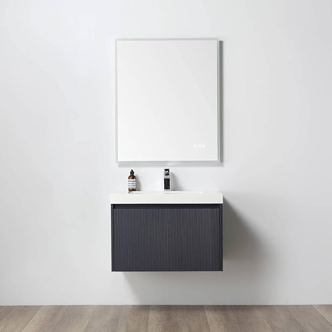 Blossom 30 Inch Bathroom Vanity with Sink | All Wood Wall Mounted Floating Bathroom Vanity Cabinet with Acrylic Sink, Soft-Close Drawer, Modern Minimalist Design Vanities (Night Blue Finish)