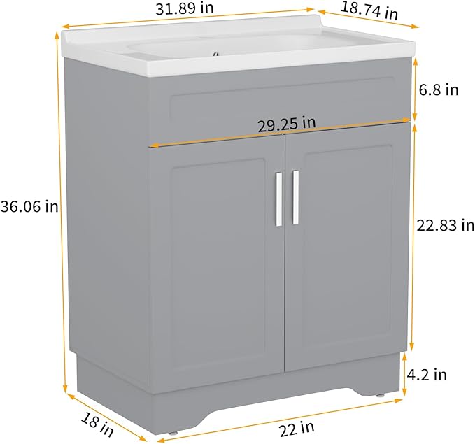 OLD CAPTAIN Bathroom Vanity with Ceramic Sink, Wooden Double Door Bathroom Vanity, 32 Inch Bath Cabinet with Sink and Storage, Grey