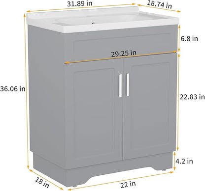OLD CAPTAIN Bathroom Vanity with Ceramic Sink, Wooden Double Door Bathroom Vanity, 32 Inch Bath Cabinet with Sink and Storage, Grey