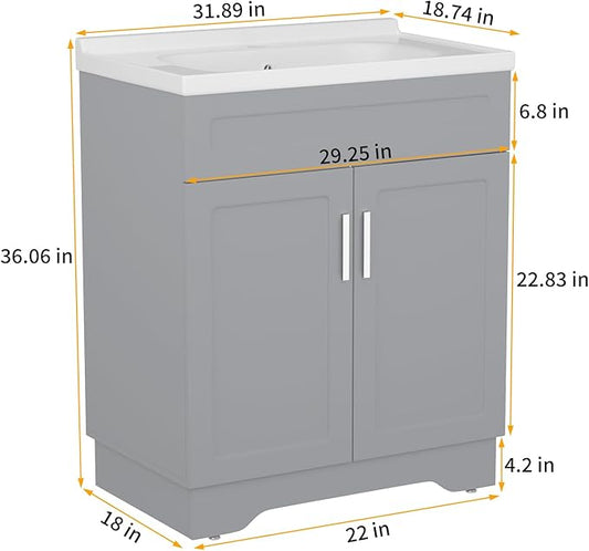 OLD CAPTAIN Bathroom Vanity with Ceramic Sink, Wooden Double Door Bathroom Vanity, 32 Inch Bath Cabinet with Sink and Storage, Grey
