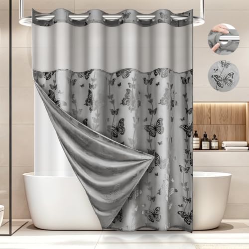 FADOTY No Hook Shower Curtain Snap in Liner Set with Grey Butterfly Design