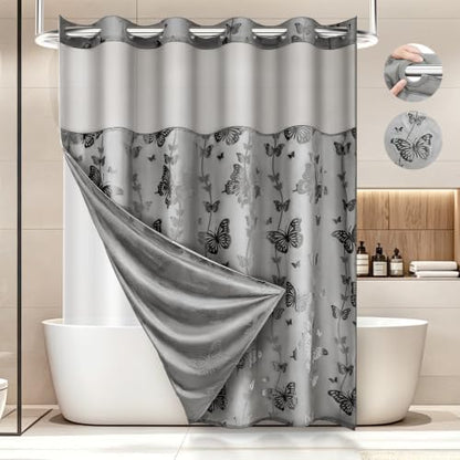 FADOTY No Hook Shower Curtain Snap in Liner Set with Grey Butterfly Design