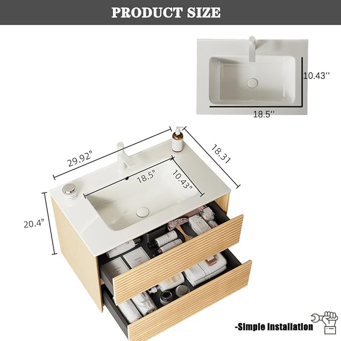 30" Floating Bathroom Vanity with Sink, Wall Mounted Modern Bathroom Cabinet with 2 Soft Close Drawers, Oak & Plywood, Pre-Assembled with Integrated Ceramic Basin – Sedona, Light Oak