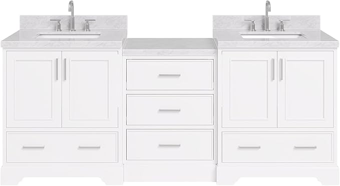 ARIEL Stafford 84-inch Bathroom Vanity with Sink,Solid Wood, 1.5in Italian Carrara Marble Countertop & Backsplash, Double Rectangular Porcelain Sink, 4 Soft Closing Doors, 5 Dovetail Drawers, White