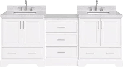 ARIEL Stafford 84-inch Bathroom Vanity with Sink,Solid Wood, 1.5in Italian Carrara Marble Countertop & Backsplash, Double Rectangular Porcelain Sink, 4 Soft Closing Doors, 5 Dovetail Drawers, White