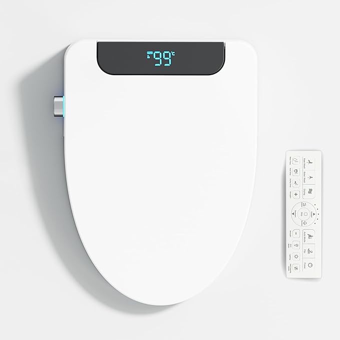 Electric Heated Bidet Toilet Seat, Warm Water, Smart Heated Water Luxury Toilet Seat with Remote Control,with dryer, Night Light, Self-Cleaning Nozzle, Temperature Control
