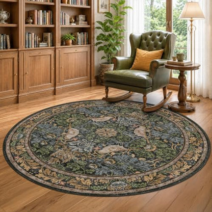 Washable Round Area Rugs 6ft for Living Room, Green Forest Soft Non-Slip Circle Rug with Rubber Backing, Vintage Large Boho Floral Bird Carpet for Bedroom, Kitchen, Nursery, Stain Resistant