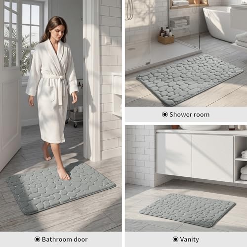 YIHOUSE Memory Foam Runner Rug, Cobblestone Bathroom Runner Rugs Super Water Absorbent Bath Mats for Bathroom Machine Washable Bath Rugs for Hallway Bedroom Laundry Room(24 x 47,Light Gray)