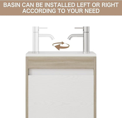 wonline 16” Small Bathroom Vanity Sink Combo for Small Space Wall Mounted Cabinet Set White Resin Basin Sink Top Chrome Faucet