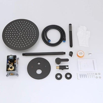 Matte Black Ceiling Mount Round Rain Shower System with 16 Inch Shower Head and Handheld Bathroom Shower Set Contain Shower Faucet Trim Kit (Mixer Valve Included)